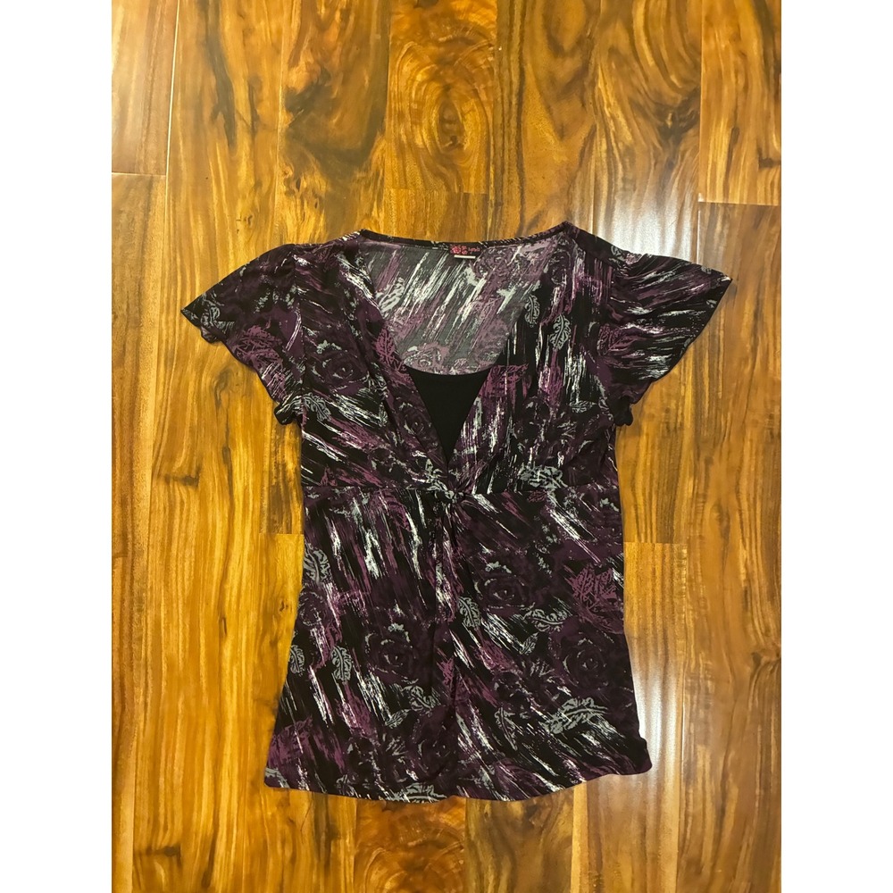 Agenda Womens Purple Abstract Floral Faux Layered V-Neck Flutter Sleeve Top M